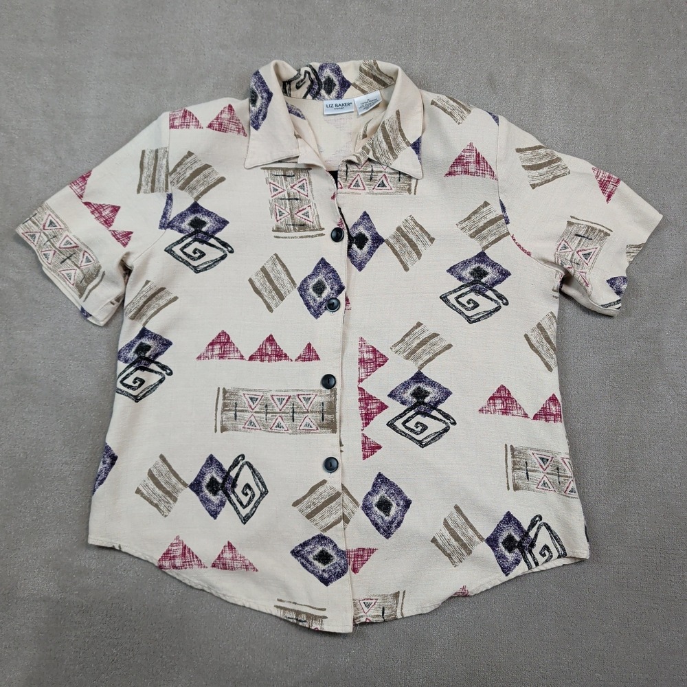Liz Baker 90s Vintage Geometric Tribal Print Button Up Shirt XL Tan